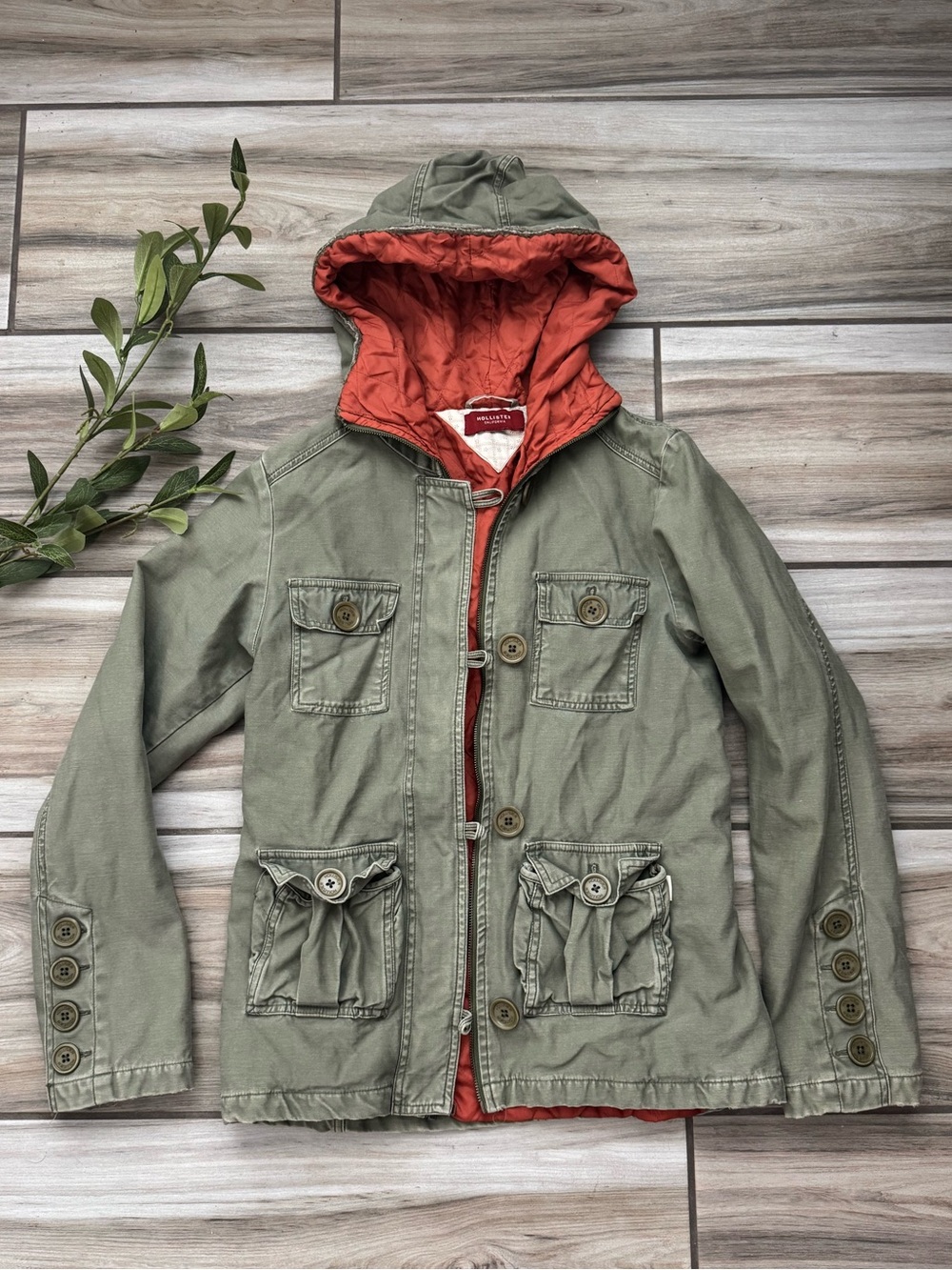 Hollister California Olive Green Hooded Military Utility Jacket Y2K Cargo